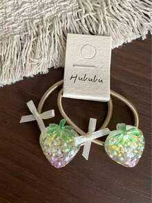 4pcs Girls Sweet Cute Acrylic Glitter Strawberry Bow Decor Elastic Non-Slip Hair Ties - Multicolor - View 6