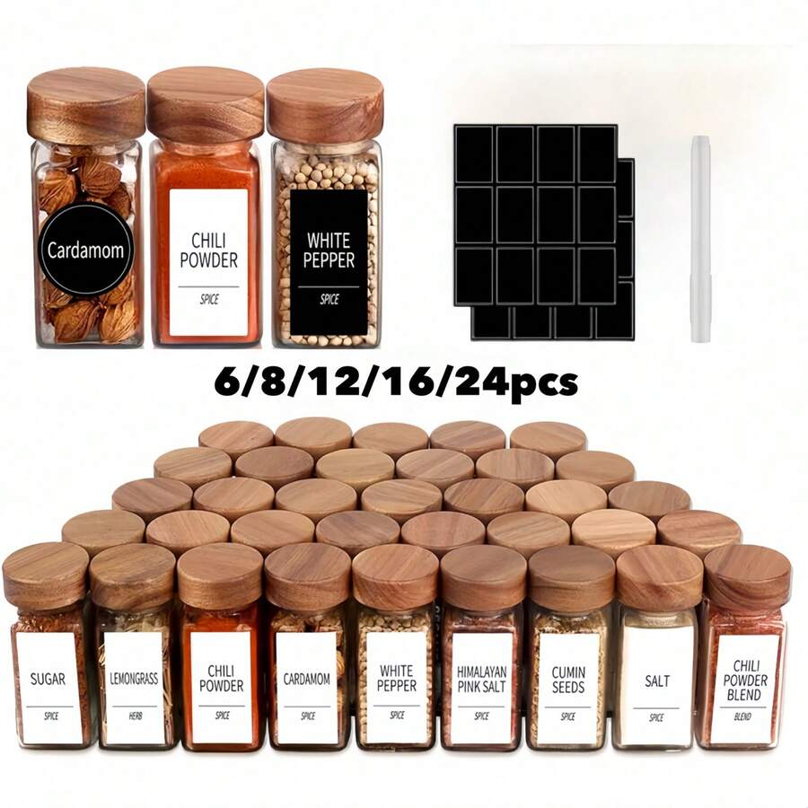 12/24 件套塑料香料罐，带笔和标签，5.6 盎司（160 克）方形香料容器，带塑料木盖，调味罐，适用于香料架、橱柜或抽屉