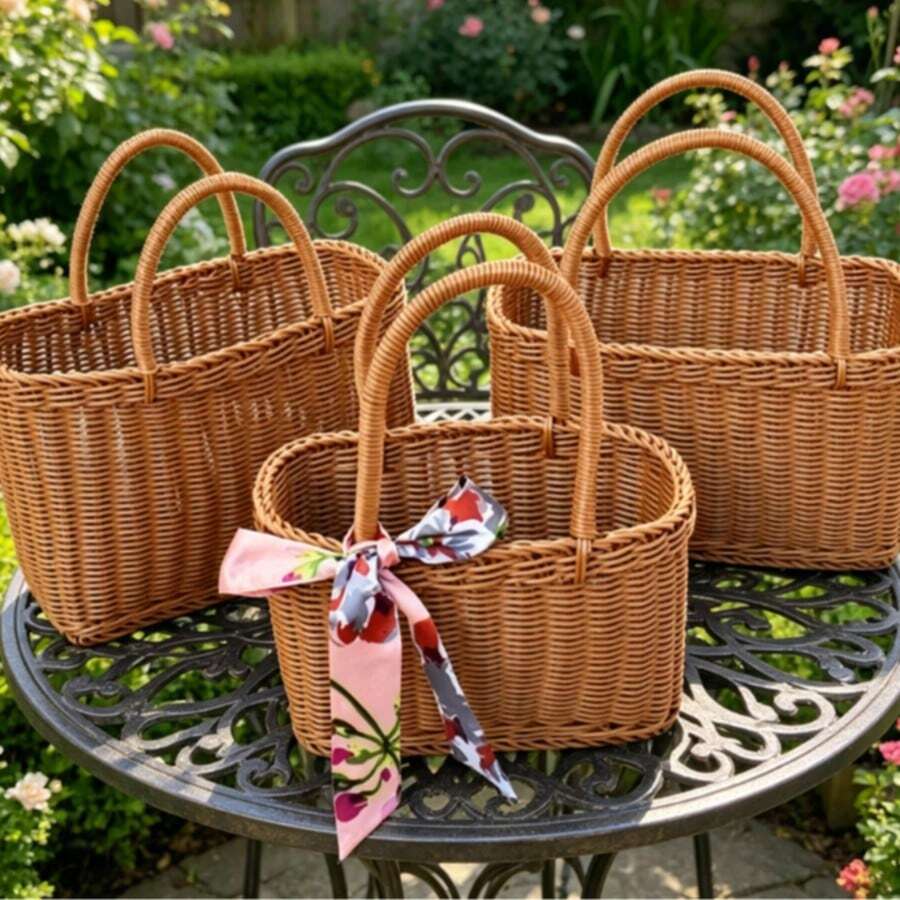 Large Capacity Woven Picnic Basket With Handle, Handmade Imitation Rattan Storage Basket, Rectangular Portable Basket For Outdoor Picnic, Grocery Shopping - View 1