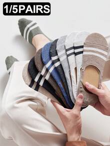 1/5 pares de calcetines casuales de barco para hombres, de rayas de colores aleatorios, de silicona, antideslizantes, transpirables y absorbentes, adecuados para primavera y verano - Multicolor - Ver 1
