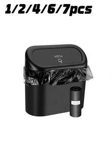 1/2/4/6/7pcs Car Door Side Hanging Trash Can With Lid And Garbage Bags Set - Black - View 1