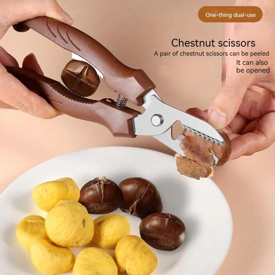 tijeras de cocina pelador tools cocina tijeras de cocina Tijeras multiusos para castañas, pelador de cáscara de castaño y Clip de cuero, cuchillo de corte cruzado, pelador de castañas para Cocina - Marrón - Ver 1