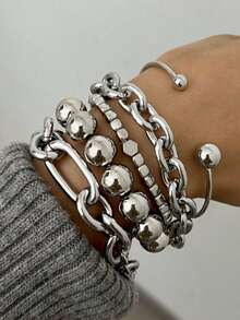 Set Gelang Rantai Tebal Gaya Punk Vintage 5 Buah, Kombinasi Rantai Cincin Logam, Kombinasi Desain Tali, Ular, dan Berpilin, Gelang Berlapis-lapis, Cocok untuk Pemakaian Sehari-hari, Hadiah Hari Ibu - Perak - View 2