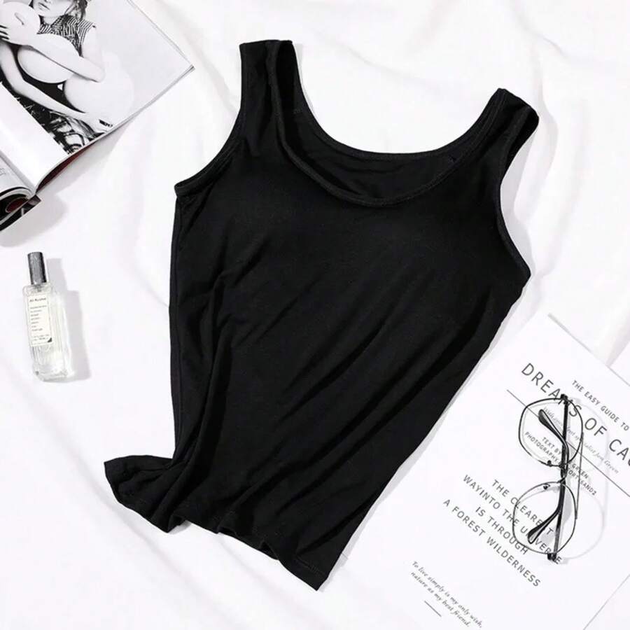 Tops de chaleco con sujetador acolchado incorporado para mujer, camisetas sin mangas ajustadas, camisas sexys, ropa interior informal para mujer, Top de lencería adelgazante - Negro - Ver 1