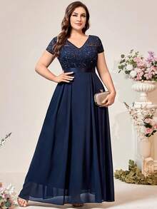 Talla Grande - Vestido de Encaje con Abertura en la Espalda y Ajuste en la Cintura para Mujer de Talla Grande - Albaricoque - Ver 9