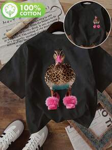 Vintage Women's T-Shirt, Double-Sided Print.  Mix-And-Match Style With Leopard High Heels And Duck Patterns, Classic Round Neck, Short Sleeves. - 黑色 - 查看 1