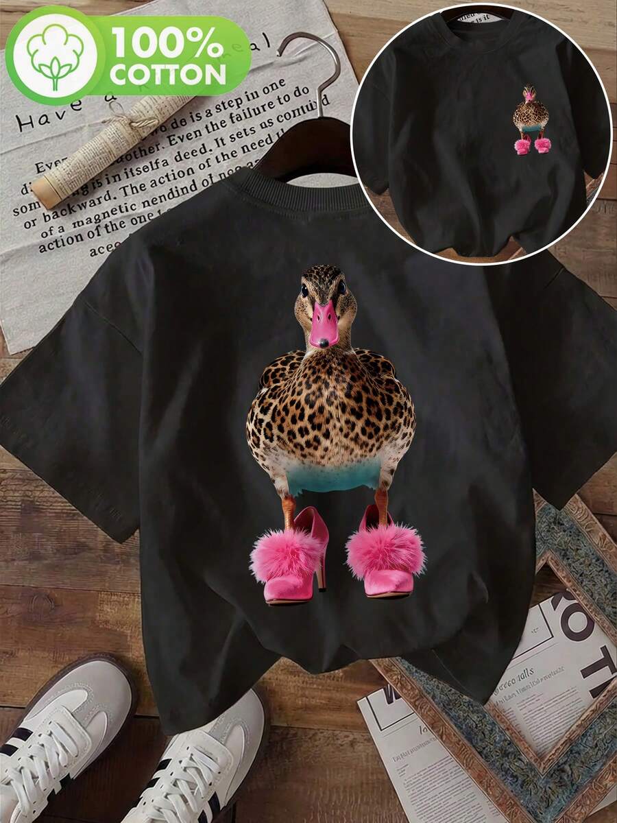 Vintage Women's T-Shirt, Double-Sided Print. Mix-And-Match Style With Leopard High Heels And Duck Patterns, Classic Round Neck, Short Sleeves. - 黑色 - 查看 1