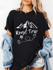 2026 100% Cotton Road Trip T-Shirt 2025 Family Vacation Camping Group Team Coordinates Printed Short Sleeve Crew Neck Casual Top. - 黑色 - 查看 1
