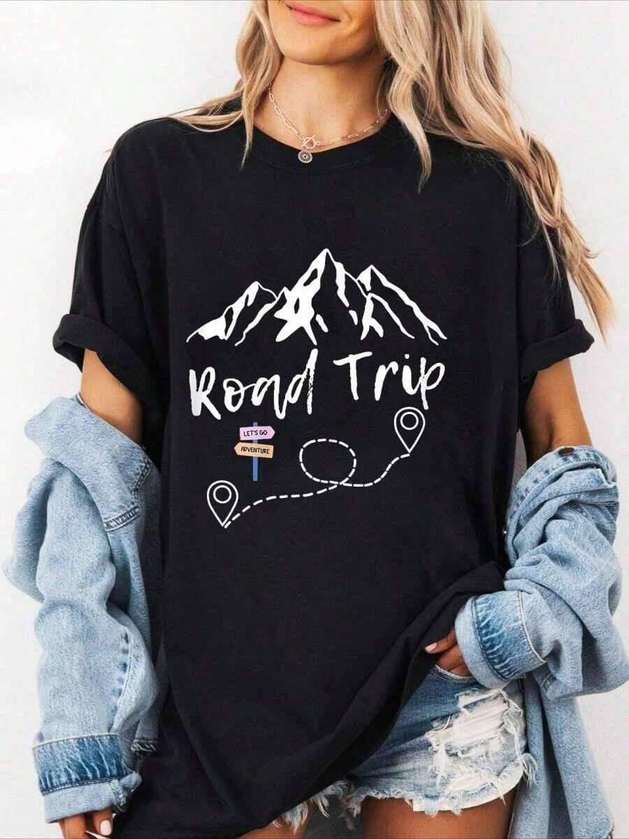 2026 100% Cotton Road Trip T-Shirt 2025 Family Vacation Camping Group Team Coordinates Printed Short Sleeve Crew Neck Casual Top. - 黑色 - 查看 1