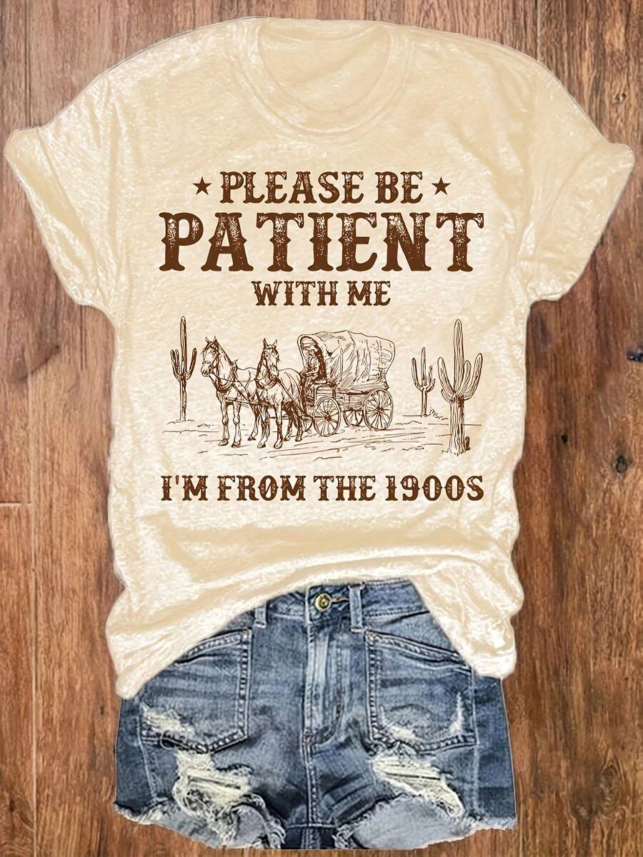 Western Style Letter Printed Round Neck T-Shirt, Casual Vacation Women'S Short Sleeve Top, Women'S Clothing, Retro Loose-Fit T-Shirt - 杏色 - 查看 1