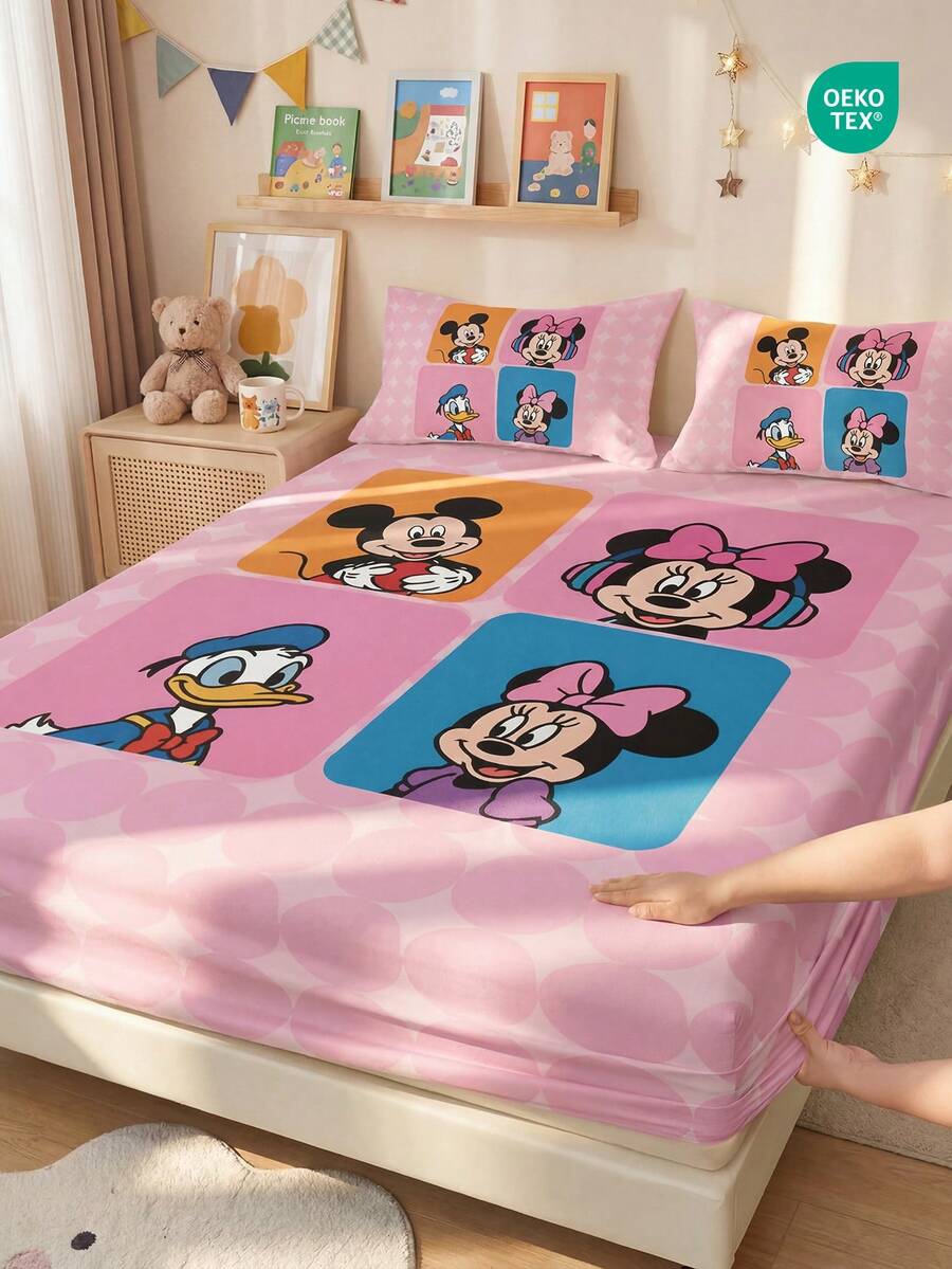1 bộ ga trải giường in hình chuột Mickey và các bạn của Disney (không bao gồm vỏ gối), chất liệu thân thiện với da, ga giường hoạt hình dễ thương, tấm bảo vệ nệm mềm mại, thoáng khí, họa tiết chấm bi và kẻ caro hồng, phù hợp với giường đơn/đôi/cỡ lớn/cỡ Queen/cỡ King, có thể giặt máy, trang trí phòng ngủ, đạt chứng nhận Oeko-Tex. - Nhiều màu - Xem 1