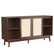 Aparador con 3 puertas correderas de ratán auténtico y 2 cajones, 155 x 38 x 80 cm, transpirable, estable y versátil. - Marrón - Ver 9