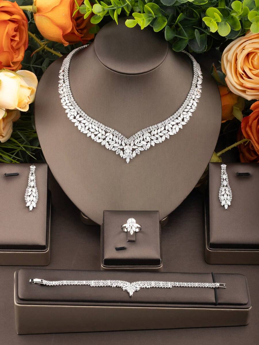 1 Set Elegant Cubic Zirconia Inlaid Floral Design Party Jewelry Set, Suitable For Women's Wedding Banquet, Includes 1 Pair Of Earrings, 1 Necklace, 1 Bracelet, 1 Ring, Gift Box Not Included - Silver 01 - View 1
