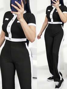 Spring/Summer Women's New Casual Pants Set, Color-Block Button Fake Pocket Design Round Neck Short Sleeve Top Paired With High-Waist Draping Comfortable Long Pants - Black + White 1 - View 2