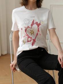 Y2K Aesthetic Women's Summer New Casual Loose Short Sleeve, Retro Graffiti Heart Print Short Sleeve Top White - White - View 9