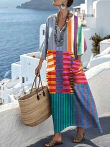 Women's Contrast Striped V-Neck Loose Casual Vacation Style Long Dress, Spring/Summer Elegant - Multicolor - View 1