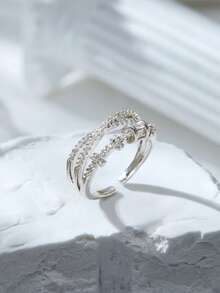 1 pieza Anillo envuelto de circonita cúbica transparente de lujo con diseño cruzado, joyería de cóctel exagerada de cobre con baño de plata - Plateado - Ver 5