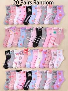 20 Pairs Kids/Toddlers Socks With Cute Cartoon Animal Prints - Butterfly, Rabbit, Stripes And Flowers. Unique And Fun Patterns, Soft And Breathable. Versatile Casual Mid-Calf Socks, Suitable For Daily Wear, Gifts Or Travel. Assorted Colors And Styles Randomly Shipped. - Multicolor - View 22