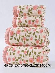 4pcs,Floral Bath Towel Set,Coral Velvet Soft Absorbent Towels (2 Bath Towel,2 Hand Towels) For Bathrom Decor - Watermelon Pink - View 8