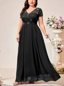 Talla Grande - Vestido de Encaje con Abertura en la Espalda y Ajuste en la Cintura para Mujer de Talla Grande - Negro - Ver 9
