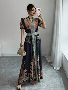 Short-Sleeved Dress With Floral Print And Fitted Waist In A Bohemian Style - Pale Yellow - View 7