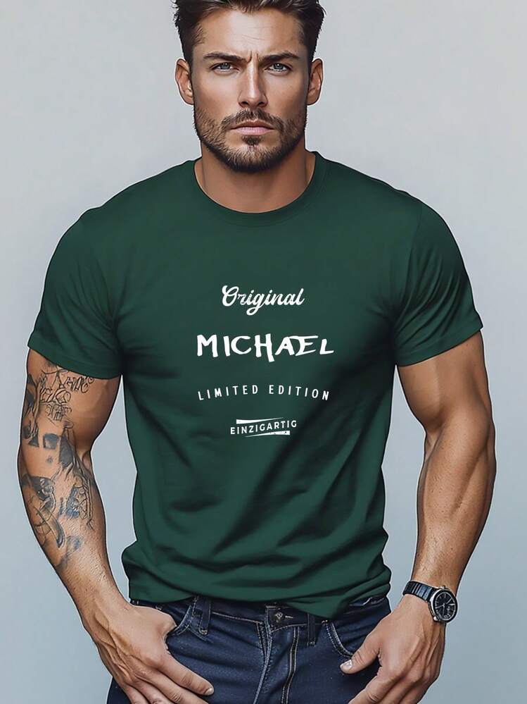 Camiseta de manga corta con cuello redondo para hombre, diseño MICHAEL, edición limitada, estilo casual de verano. - Negro - Añade 11