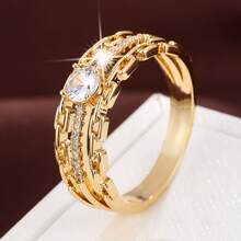 1 pieza Anillo de mujer con diseño de doble círculo estilo cadena, incrustado con circonita cúbica, exquisito - Multicolor - Ver 2