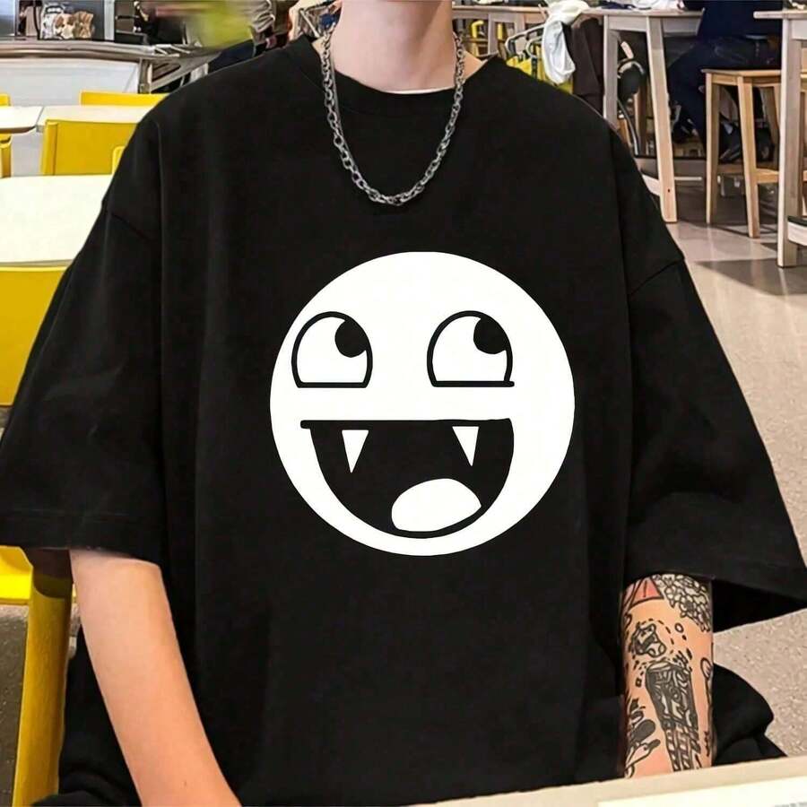 Camiseta de algodón vintage de moda con diseño gráfico de meme divertido de Domo Kun con cara épica, estilo gótico, punk y haruku.220 g Camiseta de algodón puro de 220 g para primavera-veran - Negro - Ver 1