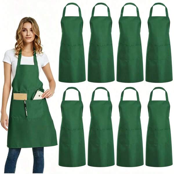 1/6pcs Polyester Sleeveless Solid Color Apron - Unisex Apron, Simple Halter Neck Coffee Shop Workwear Plus Size With 2 Spacious Pockets, Machine Washable, Suitable For Home Kitchen, Craft, BBQ, Painting, Lightweight, Convenient