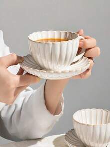 1件精緻復古白色咖啡杯盤套組，下午茶杯盤，高溫窯燒轉化技術，耐熱防滑，高級咖啡容器 - 白色 - 查看 3
