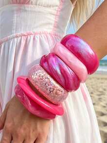 NAIZHU 1/6pcs Fashionable Children's Exaggerated Asymmetrical Geometric Resin Bracelets, Suitable For Daily Wear And Party Accessories - Hot Pink - View 2