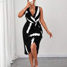 yonghongmaoyi1 Maweii Vestido sin mangas con cuello en V y estampado de talla grande - Blanco y Negro - Ver 4
