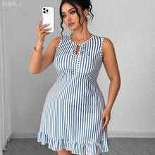 xuehuamaoyi02  Vestido de verano elegante con estampado floral de cuello redondo sin mangas y ajustado para mujer de talla grande, vestido de verano cómodo y casual, - Rosa Fucsia - Ver 8