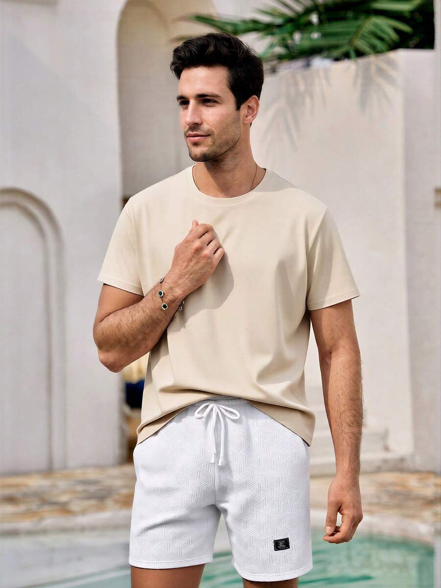 Mercer Haus Men's Street Style Round Neck Short Sleeve Basic Casual T-Shirt , Suitable For Summer Tropical Holiday Vacation In Hawaii. - Apricot - View 1
