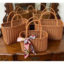 Large Rectangular Woven Shopping Basket, Portable Faux Rattan Basket With Handle, Suitable For Farm Produce, Harvest, Picnic, Blanket Storage, Vegetables, Fruits, Kitchen Storage Basket - View 6