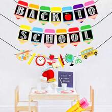 Ensemble de bannières de rentrée scolaire, guirlande de découpes de crayons colorés et de fournitures scolaires, bannière suspendue en tissu non tissé pour la salle de classe, fête du premier jour d'école, décoration de bienvenue - Voir 2