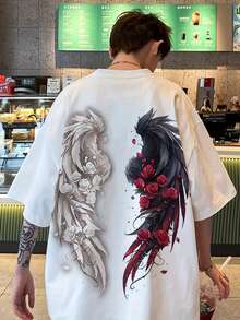 Leather Jacket With White And Black Wingback Print, Relaxed Fit For Casual Wear, Youthful Unisex Top With Intricate Rose And Wing Patterns, Durable Material, Breathable Fabric. OESF - White - View 2