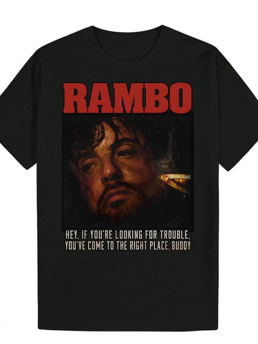 Camiseta para hombre con un retrato en primer plano de RAMBO, diseñada para uso casual con cuello redondo. - Negro - Ver 1
