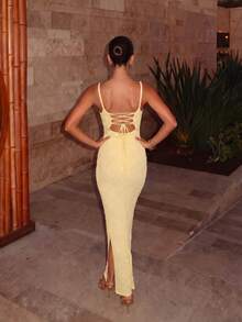 春夏女款Y2K黃色細肩帶繫帶露背開衩長洋裝，優雅性感休閒海灘派對度假女裝 - 黃色 - 查看 6