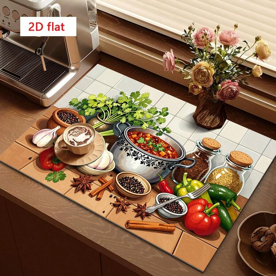 1個碗盤瀝水墊、咖啡機墊，印有燉鍋與香料食物圖案，耐用且高吸水性，適用於餐桌、咖啡廳及其他場景，聚酯纖維排水墊，多功能排水墊，居家禮品，桌面裝飾