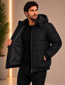 Men's Fuzzy-Lined Puffer Jacket - 黑色 - 查看 2