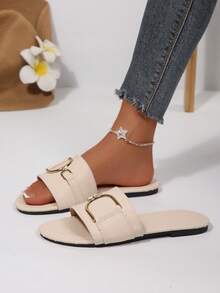 Beige Flat Slide Sandals For Women, Leather Upper With Embossed Texture And Metal Buckle Decor, Slip-On Vacation Style Summer Casual Beach Shoes, New Summer Casual One-Strap Flat Sandals - Beige - View 2