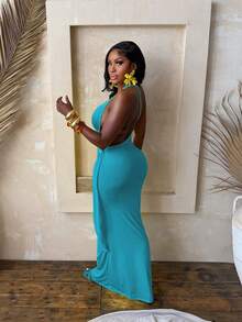 Very Popular Monochrome Party Dress With Asymmetrical Shoulder And Fitted Design. - Blue - View 3