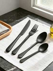 4/16/24pcs Stainless Steel Cutlery Set, High-Quality Minimalist Durable Black Tableware Set, Knife Fork Spoon Set, Suitable For Western Dining, Home Banquet, Elegant & Practical - Black - View 1