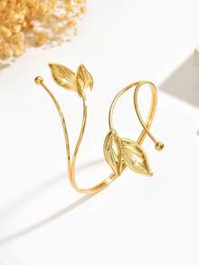 1pc Fashionable Personalized Double Leaf Texture Open Arm Cuff, Minimalist Textured 3D Leaf Geometric Open Adjustable Arm Decor, Suitable For Music Festivals, Balls And Parties - Gold - View 3