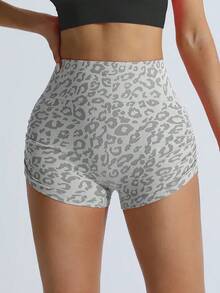 Pantalones cortos de yoga sin costuras con estampado de leopardo para mujer: pantalones deportivos ajustados y de cintura alta para levantamiento de glúteos - Marrón - Ver 4