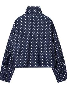 Women's French Vintage Polka Dot Stand Collar Short Jacket, Casual Navy Blue Contrast Color Top, Suitable For Spring And Autumn - Blue - View 5