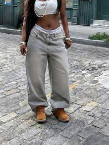 Women's American-Style Low-Rise Wide-Leg Jeans, Y2K Millennial Style Distressed Washed Loose Floor-Length Wide-Leg Pants - Grey - View 3