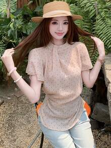 韓系小眾波點印花短袖上衣，收腰顯瘦百搭上衣 - 粉色 - 查看 4