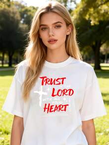 Women's Pure Cotton Oversized Short Sleeve T-Shirt Religious Cross Graphic Print Casual Summer Everyday Top - White - View 1